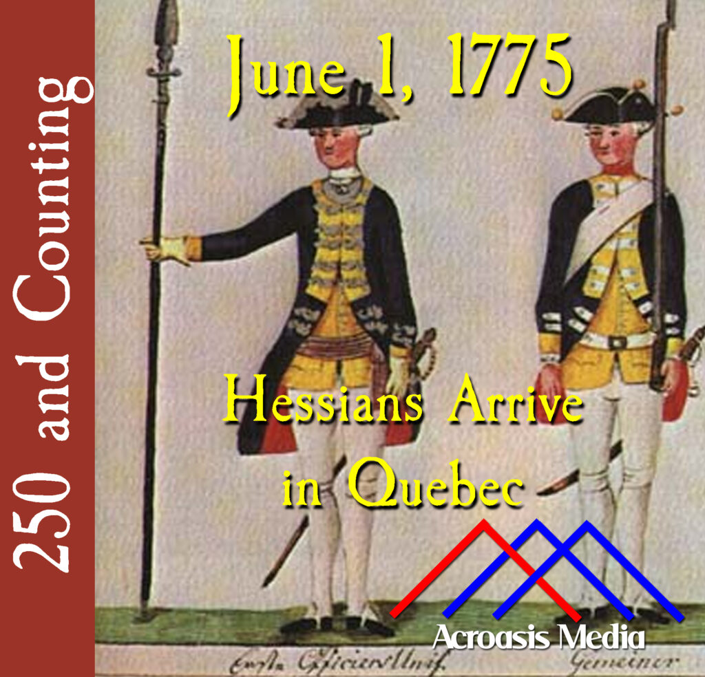 Cover art for June 1, 1775: 17th century illustration of Hessian soldiers (artist unknown). Note the markings below of the "Officer" and the "Private".