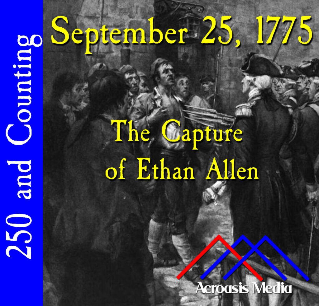 Cover art for September 25, 1775: Ethan Allen Before Prescott (cropped), engraving by H.C. Merrill, after creator F.C. Yohn, via the New York Public Library digital collection.