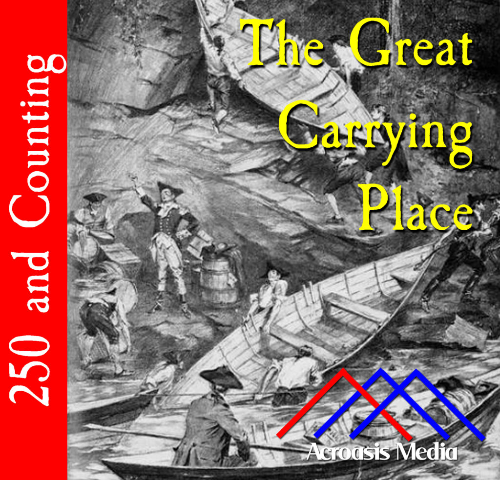 Cover art for October 11, 1775: "Carrying the bateaux at Skowhegan Falls", drawn by Sydney Adamson; halftone plate engraved by CW Chadwick, 1903.