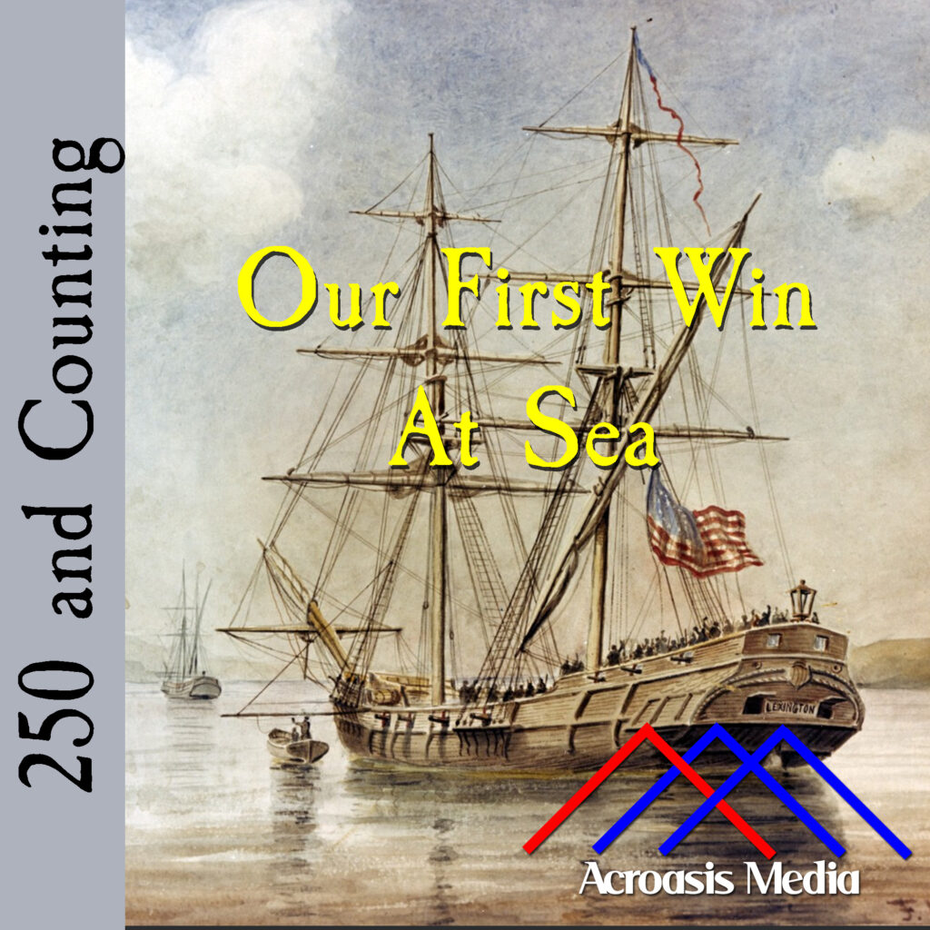 Cover art for April 7, 1776: "Raising the 'Stars and Stripes' for the first time in home waters," painted by F. Muller, ca 1900. via the US Navy website, image catalog# KN-457.