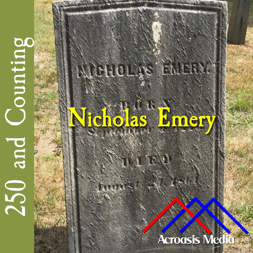 Cover art for September 4, 1776: the headstone for Nicholas Emery, in Portland (ME)'s Western Cemetery. via findagrave.com.
